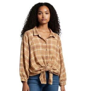 American Eagle Tan Plaid Flannel Button Down Tunic Shirt Women’s XL.           W